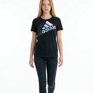 Adidas T-Shirt Girls Black Short Sleeve Large Blue And White Spell Out New